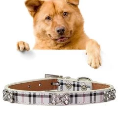 Vente flash ✨ Wewoo Collier Chien & Chat Beige Cuir PU avec des conceptions d'os Pet 🐶 Dog Collar Products, Taille: S, 1.5 * 37 cm 👏